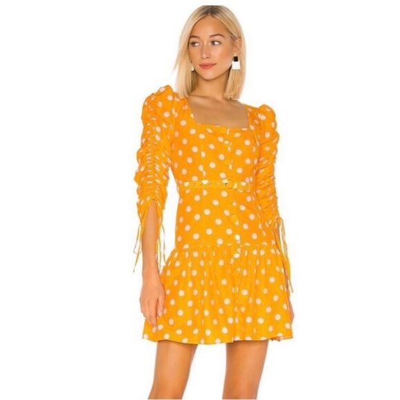 Revolve Nicholas Ruched Sleeve Button Front Dress Yellow Polka Dot No Belt 10 - Picture 1 of 16